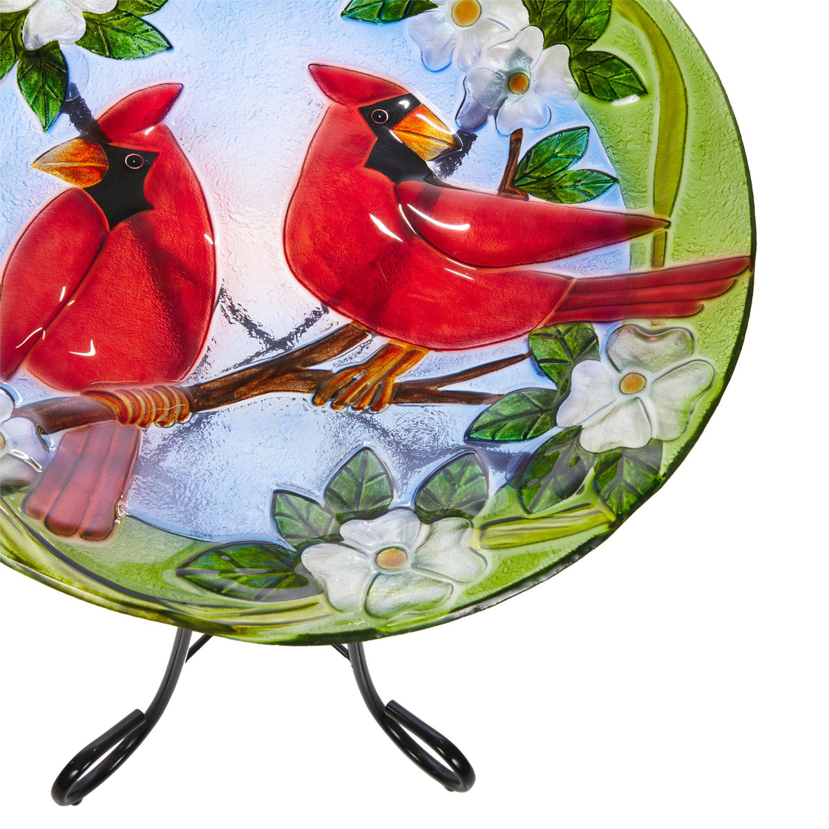 Painted cardinal detail on Alpine birdbath enhances yard appeal.