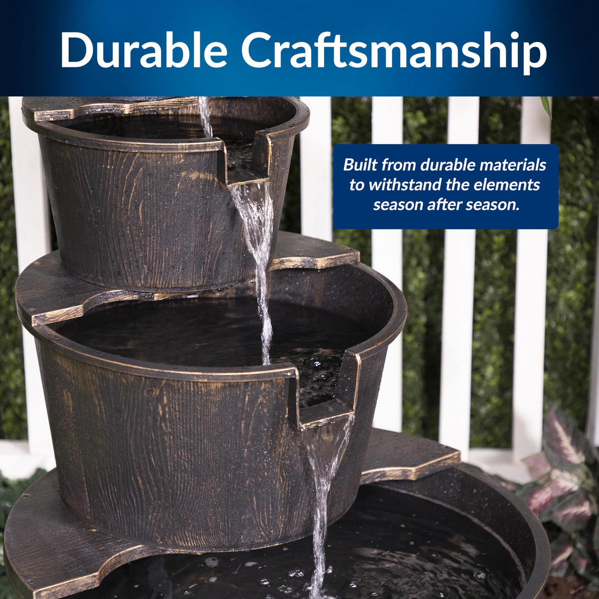 Alpine outdoor fountain features sturdy base to resist wind and maintain position