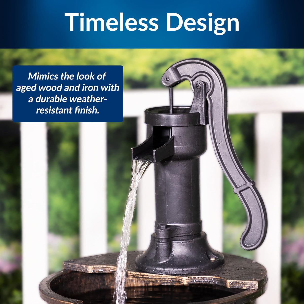 Alpine Corporation antique pump head fountain enhances porch decor with nostalgic appeal