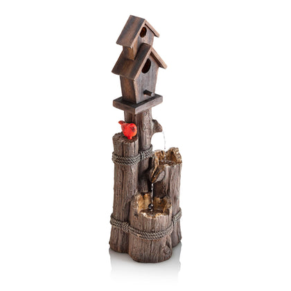 Alpine Corporation birdhouse fountain with cardinal accent enhances garden ambiance and wildlife viewing