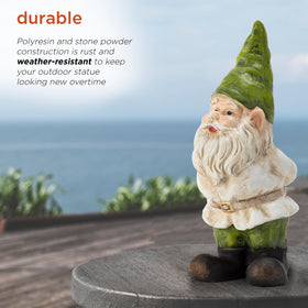 Alpine Corporation gnome placed by pond enhances reflection and whimsy
