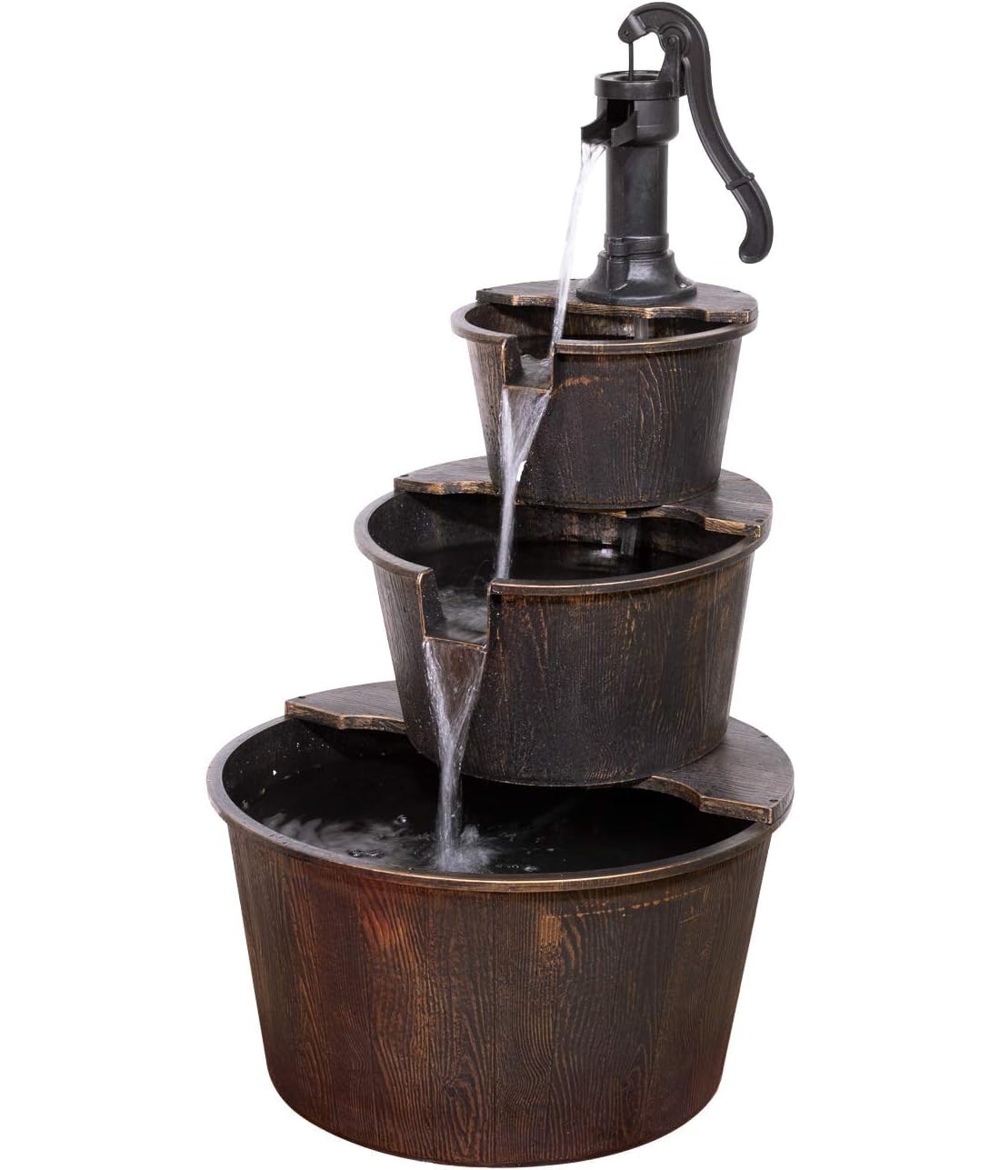 Alpine Corporation pump and barrel fountain outdoors with soothing water flow for patio