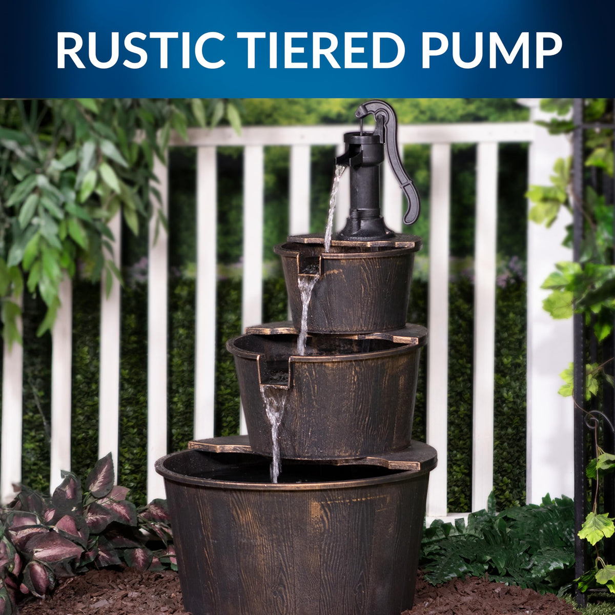 Alpine tiered barrel fountain garden scene adds rustic charm and ambient sound