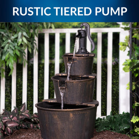 Alpine tiered barrel fountain garden scene adds rustic charm and ambient sound
