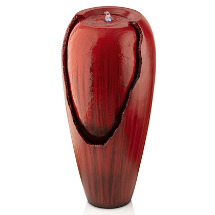 Alpine DIG100XS-RD outdoor jar fountain with red cracked jar creates serene garden ambiance