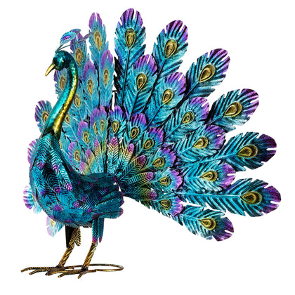 Alpine Corporation metallic peacock with tail spread adds vibrant focal point outdoors.