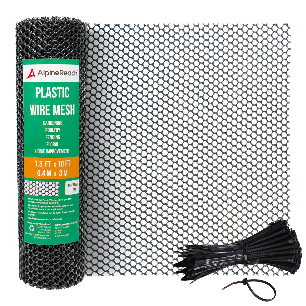 AlpineReach plastic wire mesh fence roll with zip ties for quick setup