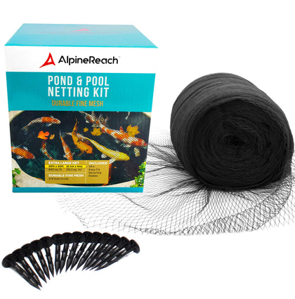 AlpineReach pond netting kit covers a 28x30 ft pond to protect koi.