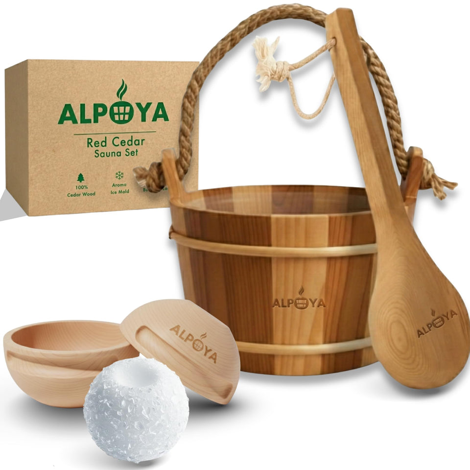 ALPOYA cedar sauna bucket with handle for easy pouring and transport.