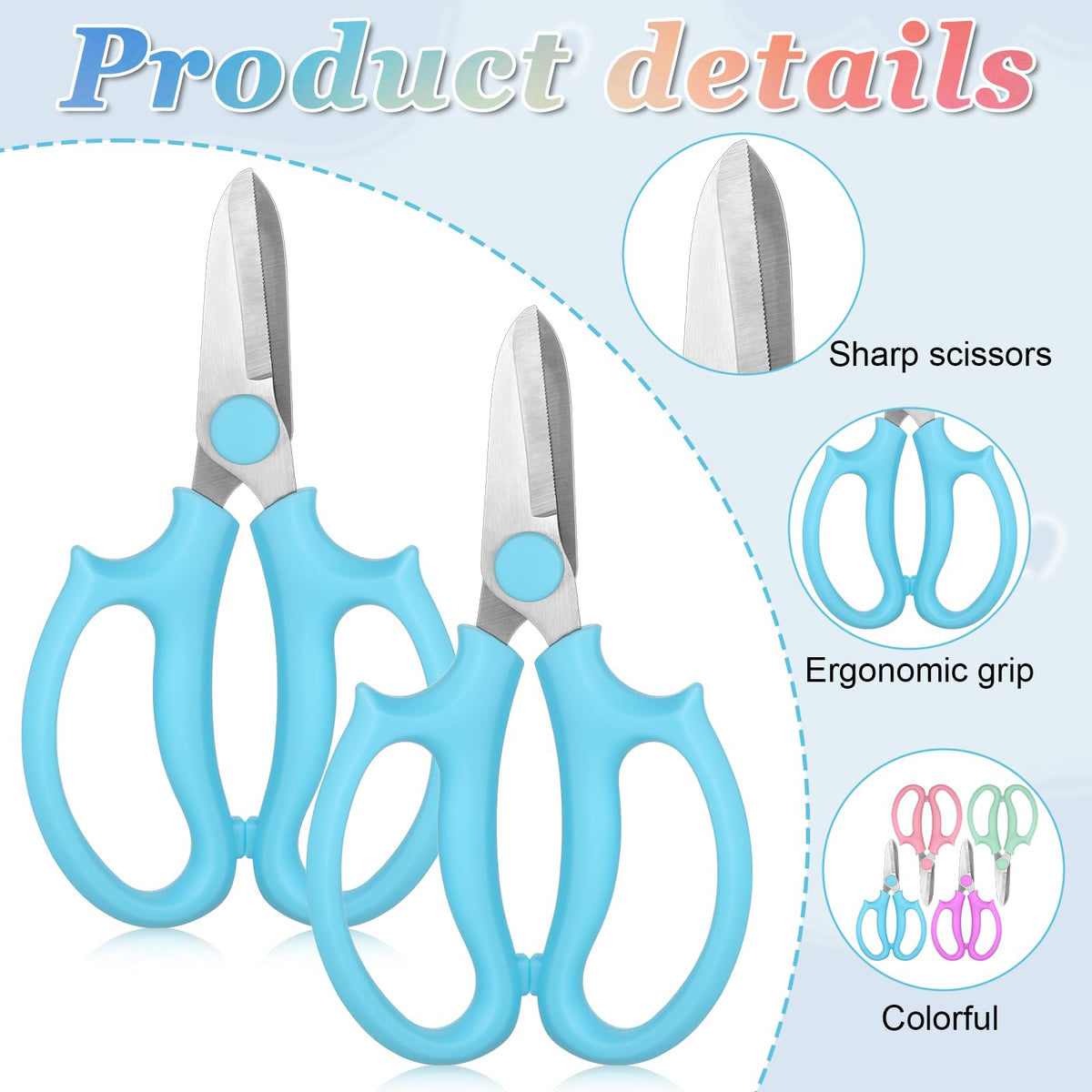 Alrhso floral scissors with blue handles ideal for pruning stems during gardening.
