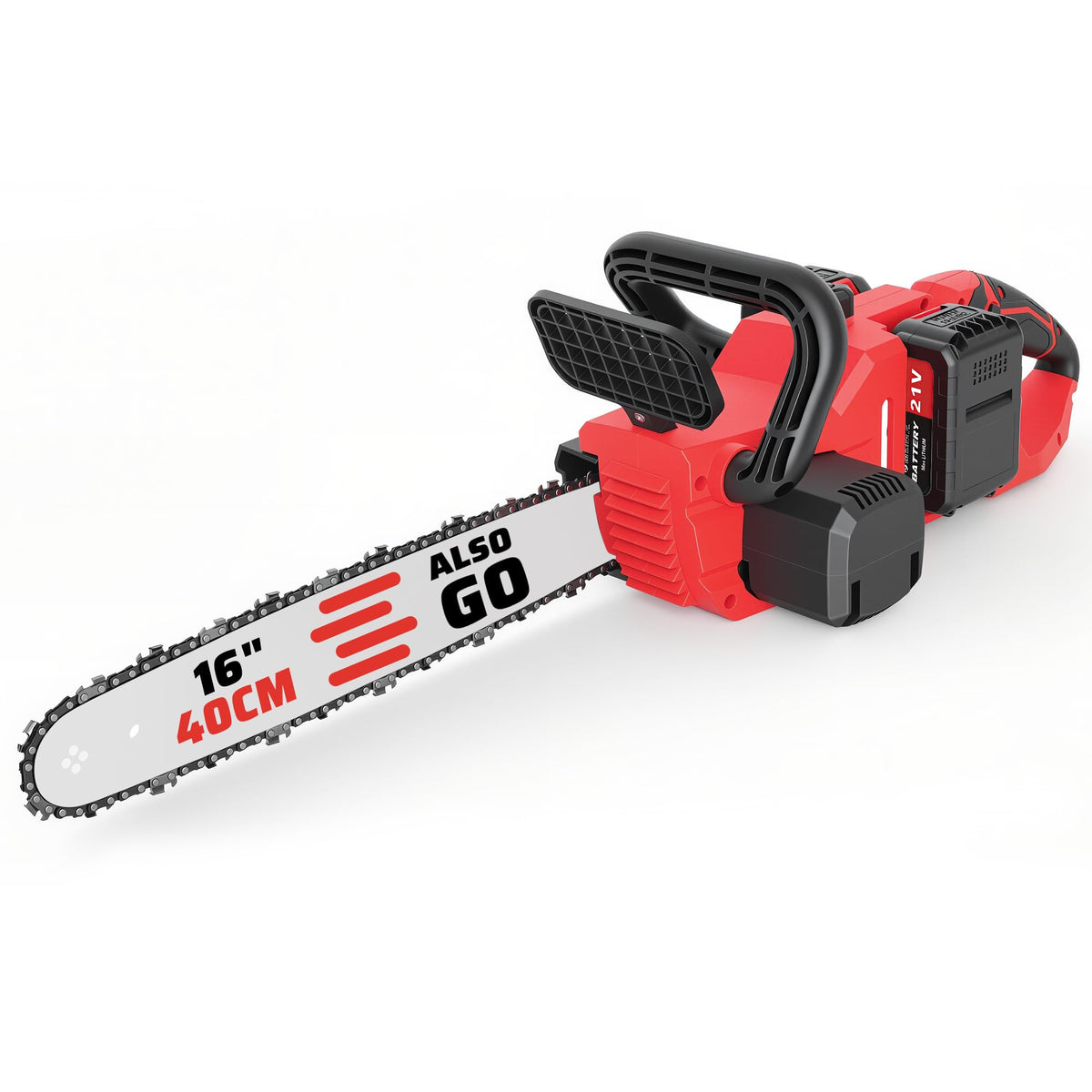 ALSO GO 16-inch cordless chainsaw front view, ready for efficient yard work.