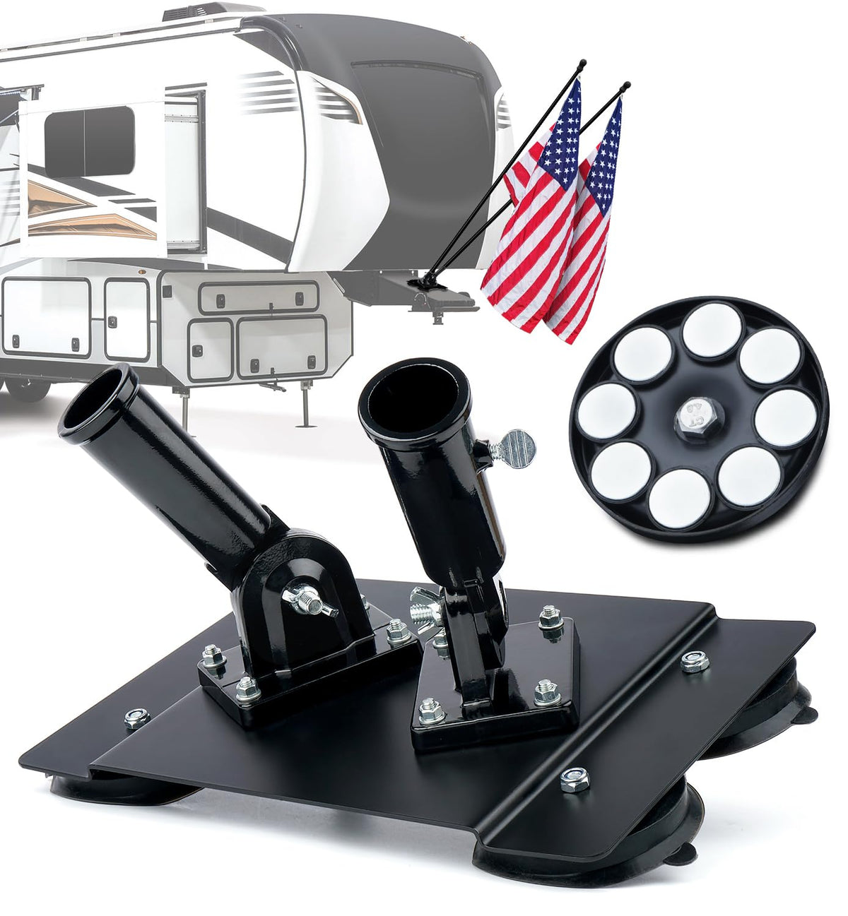 Altyostar magnetic flag holder on 5th-wheel bumper for quick setup and secure attachment.