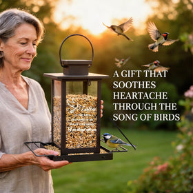 AlwaysLovarious outdoor memorial feeder holds 98 oz of seed for extended viewing.