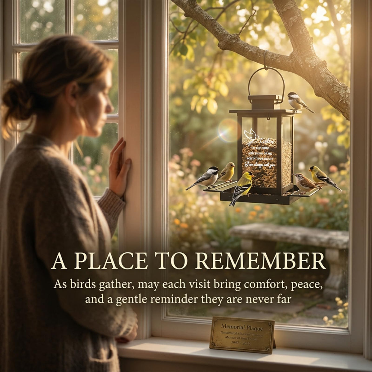 AlwaysLovarious memorial bird feeder with white bird artwork creates a calming garden centerpiece with birds.