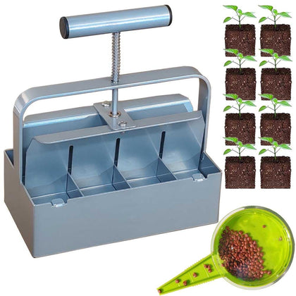 ALXMYAO handheld soil blocker front view showing compact design for precise 8-cell blocks