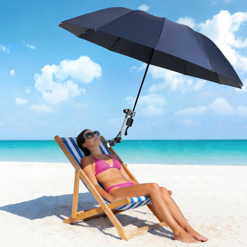 ALYSTER Beach Chair Umbrella clip-on blue demonstrates secure clamp for portable shade on the go