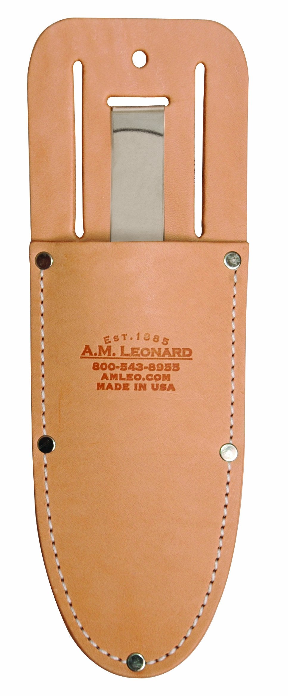 A.M. Leonard leather sheath for 4752 soil knife, durable clip keeps it attached to your belt.