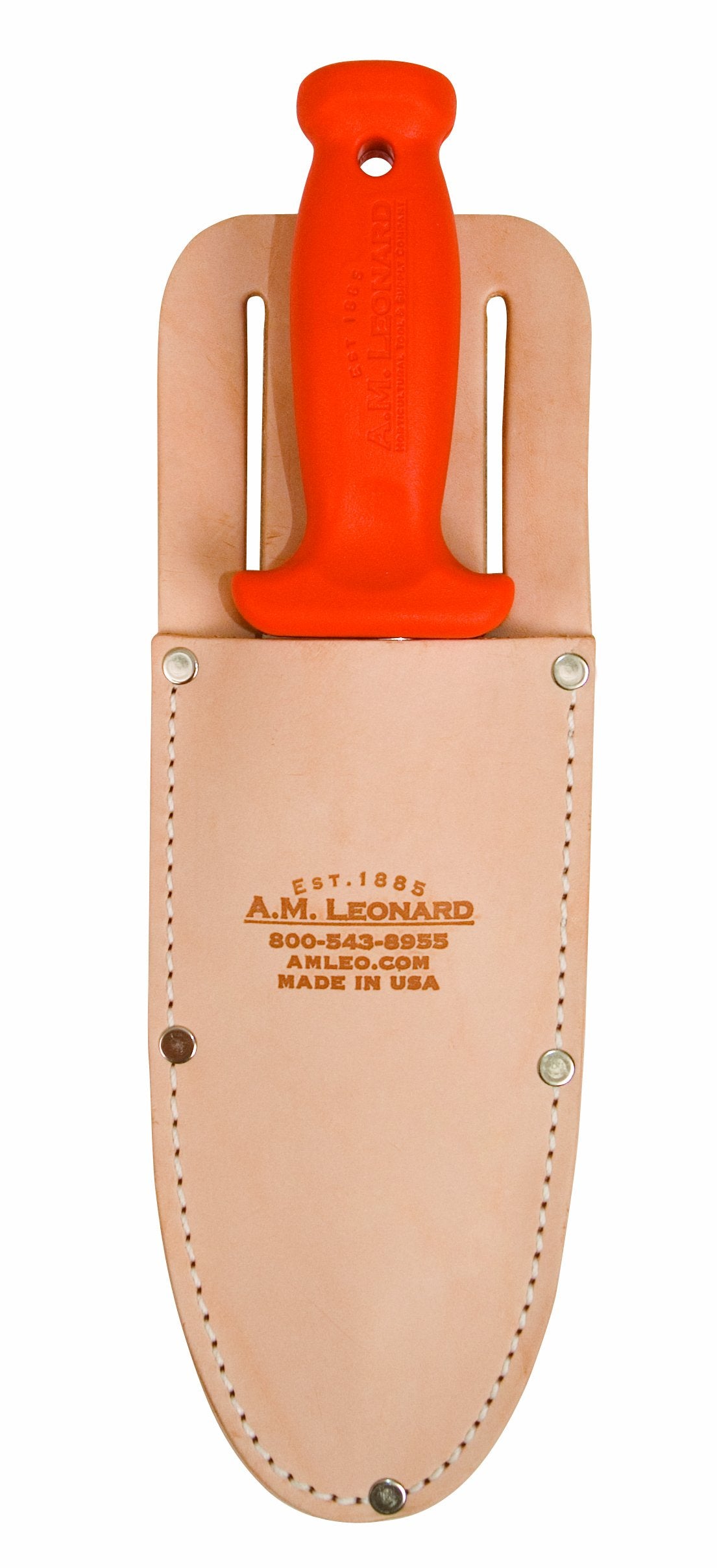 A.M. Leonard leather sheath with sturdy clip-on belt attachment for quick tool access.