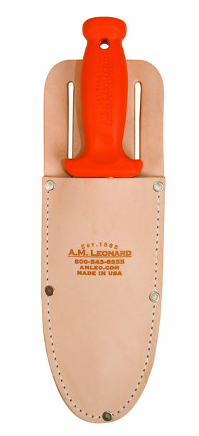 A.M. Leonard leather sheath with sturdy clip-on belt attachment for quick tool access.