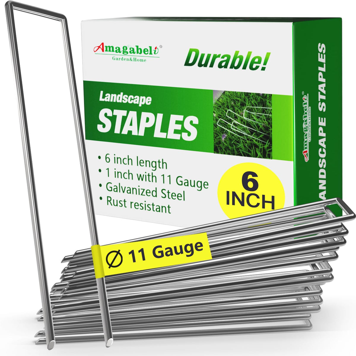 AMAGABELI 6-inch landscape staples pack shown for durable ground anchoring.