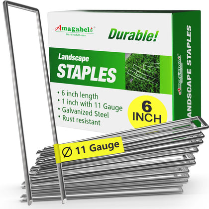 AMAGABELI 6-inch landscape staples pack shown for durable ground anchoring.
