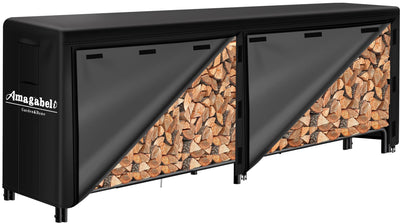AMAGABELI 8ft firewood rack front view shows sturdy steel and a weather-ready cover.