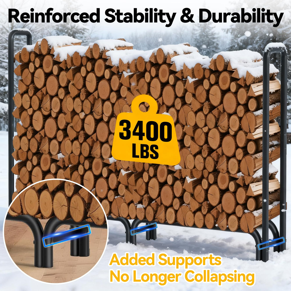 AMAGABELI 8ft firewood rack side view highlights compact footprint for outdoor spaces.