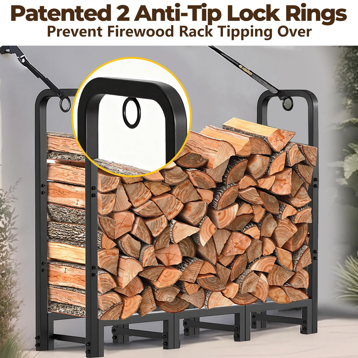 Amagabeli firewood rack assembled demonstrates robust tubular steel construction for outdoor storage.