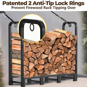 Amagabeli firewood rack assembled demonstrates robust tubular steel construction for outdoor storage.