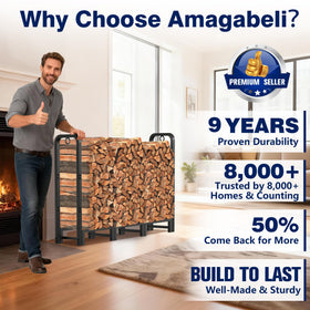 Amagabeli firewood rack black finish is weather-ready for outdoors.