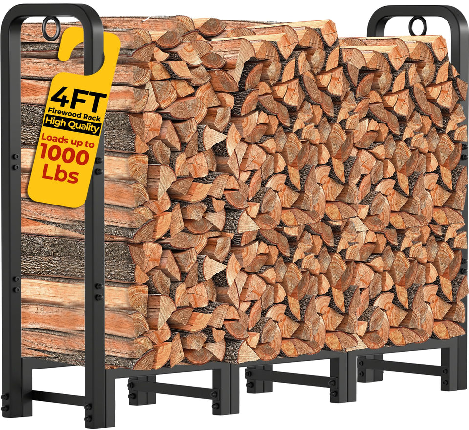 Amagabeli firewood rack front view shows sturdy 4ft outdoor storage for easy access.