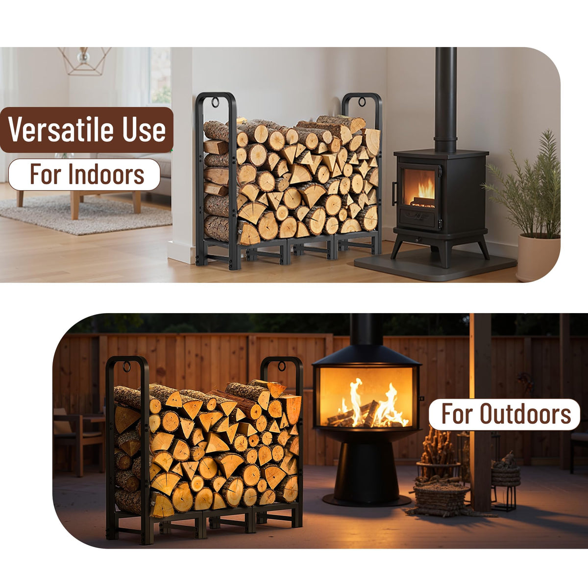 Amagabeli firewood rack security rings promote safe family storage.