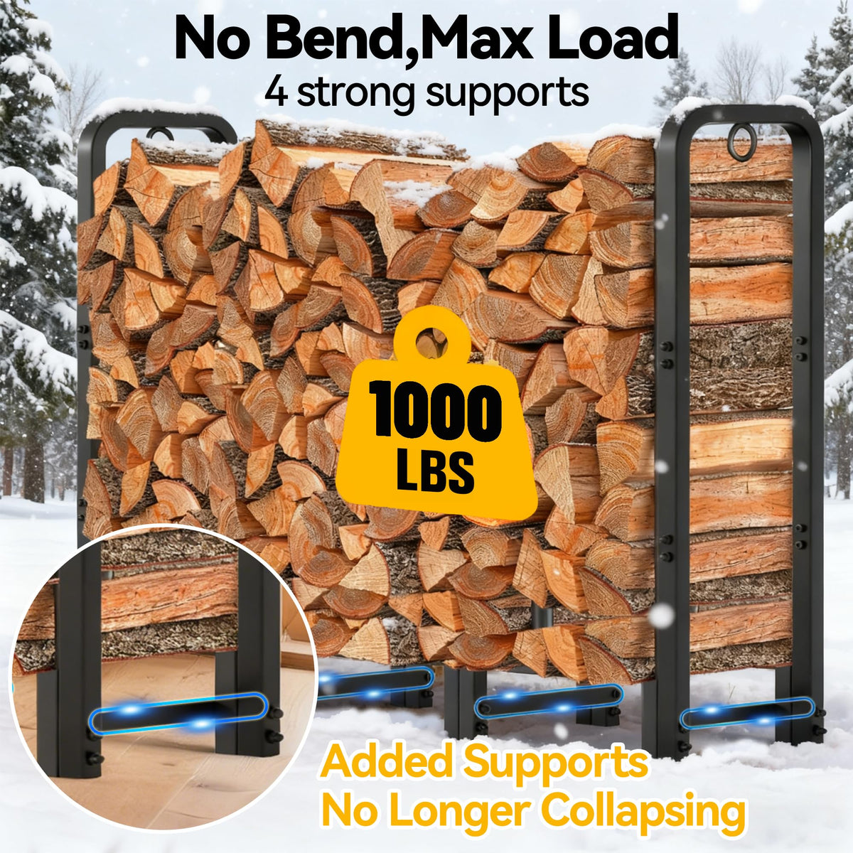 Amagabeli firewood rack side view reveals stable balance and 4-inch ground clearance.