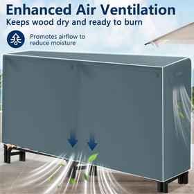 AMAGABELI firewood rack ventilation detail illustrates downward vents for dry logs.