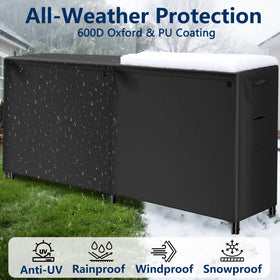 Bottom straps and elastic drawstring secure the cover on windy racks