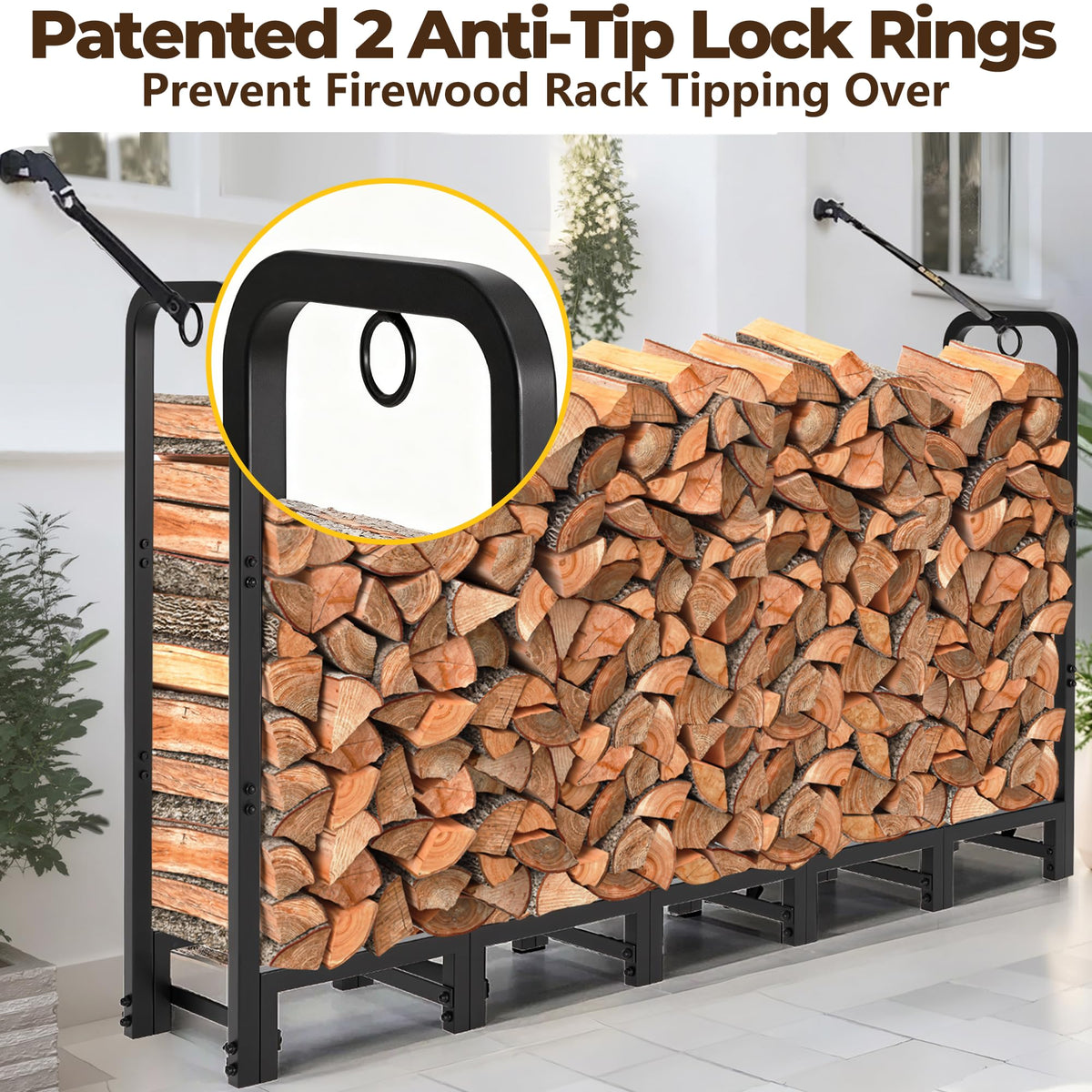 AMAGABELI GARDEN & HOME log rack close-up highlights durable black powder-coated finish.