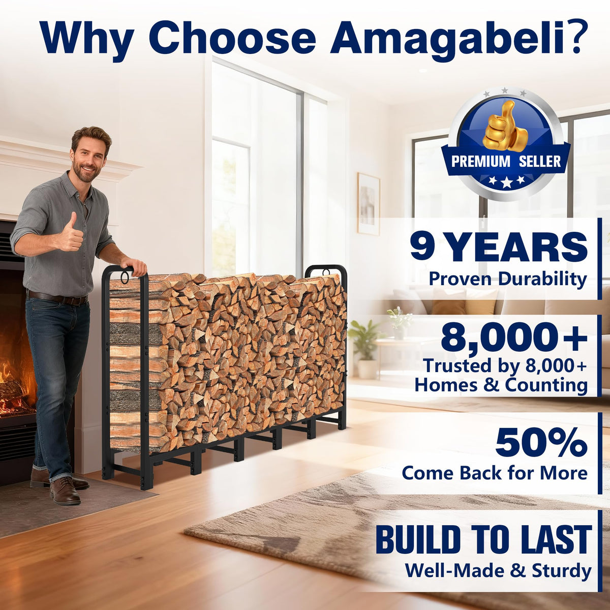 AMAGABELI GARDEN & HOME steel construction detail demonstrates reliable stability for outdoor wood piles.