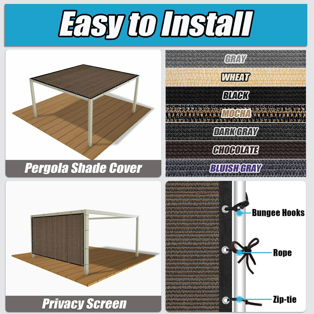 Amagenix easy-install shade cloth with included zip ties and rope