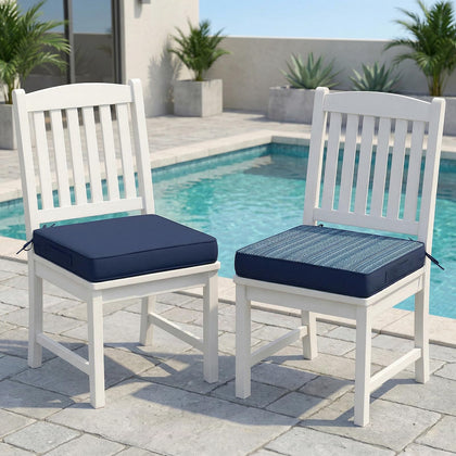 Amagenix outdoor chair cushions in navy stripe provide waterproof, fade-resistant comfort.