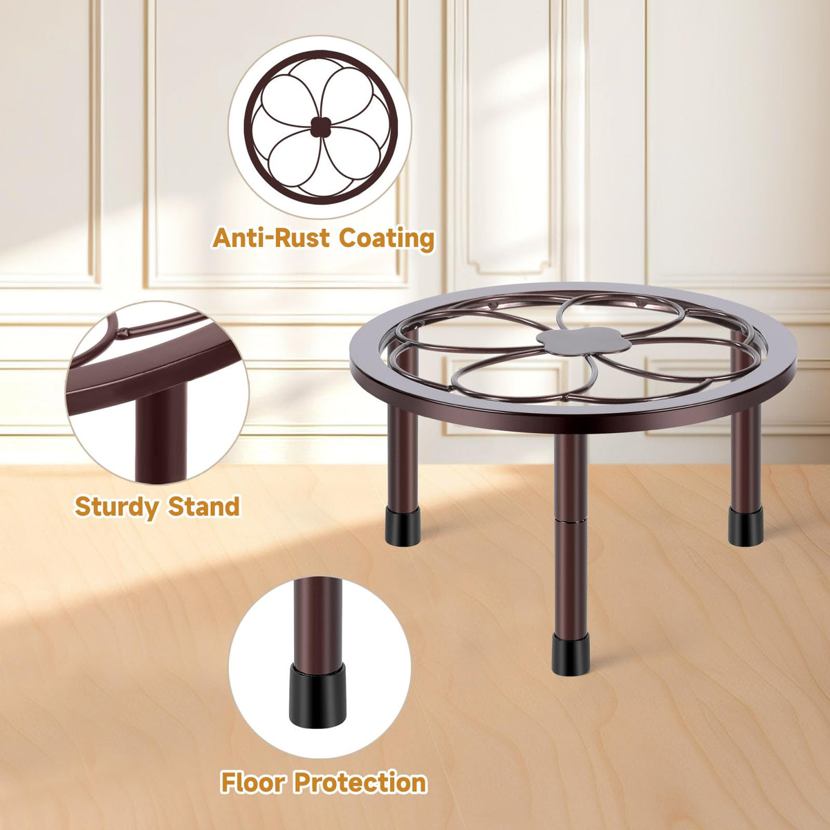 Amaoot plant stand has floor-protective pads to prevent scratches during arrangement.