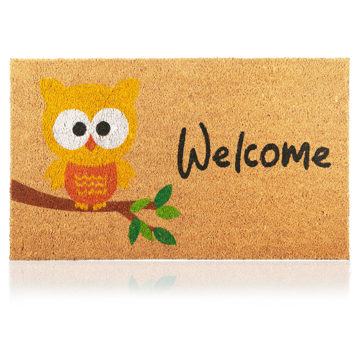 AMARU DOOR MATS Owl 17x29 design on a coconut fiber surface traps dirt at the door.