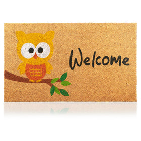 AMARU DOOR MATS Owl 17x29 design on a coconut fiber surface traps dirt at the door.
