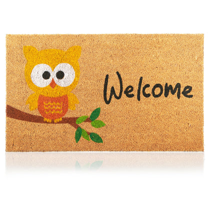 AMARU DOOR MATS Owl 17x29 design on a coconut fiber surface traps dirt at the door.