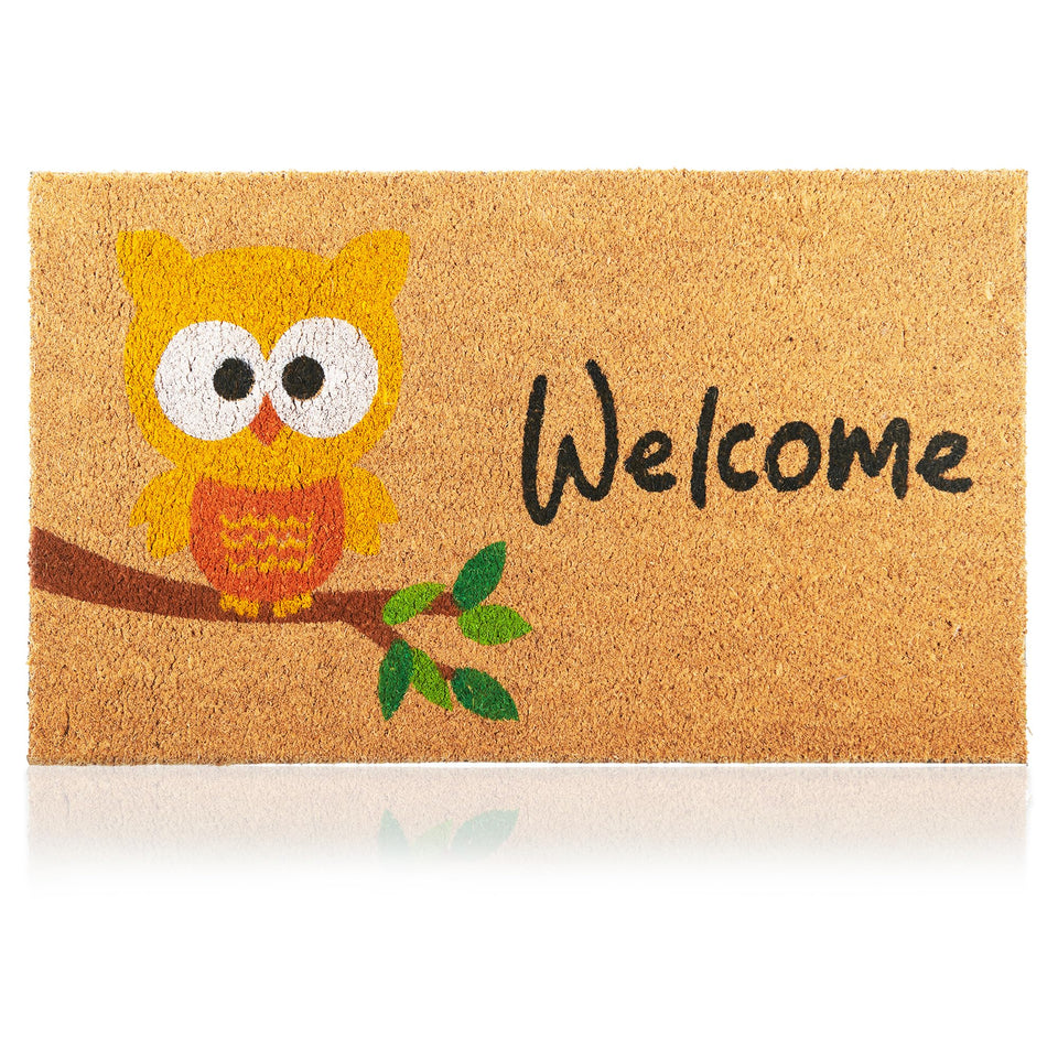 AMARU DOOR MATS Owl 17x29 design on a coconut fiber surface traps dirt at the door.