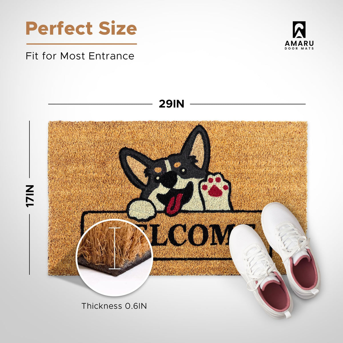 AMARU Welcome Dog anti-slip backing keeps the mat steady on floors