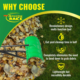 Amazing Rake 3-in-1 leaf grabber in action, raking, scooping, and bagging.