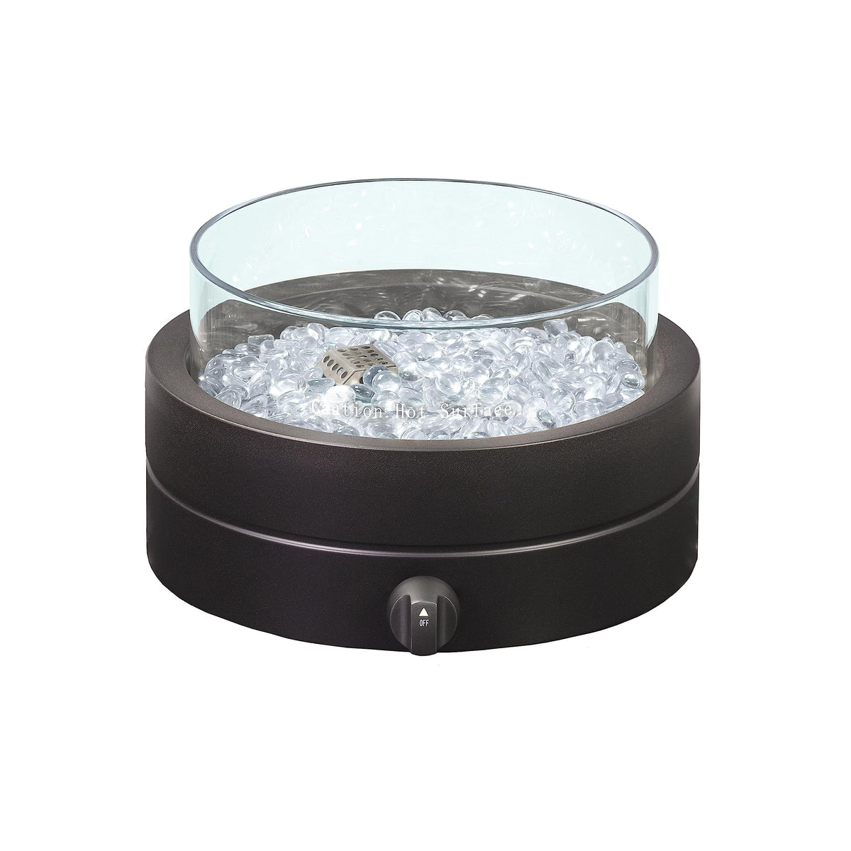 Amazon Basics 14-Inch Round Propane Fire Pit, top view, compact outdoor warmth for dining.