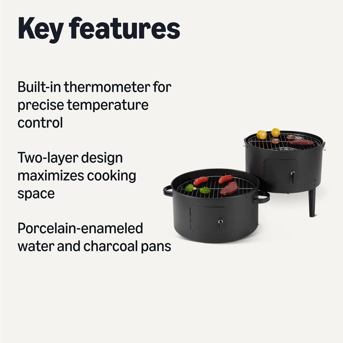 Amazon Basics vertical smoker built-in thermometer shows temperature control