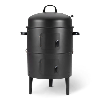 Amazon Basics 16-inch vertical charcoal smoker front view for outdoor cooking and flavor