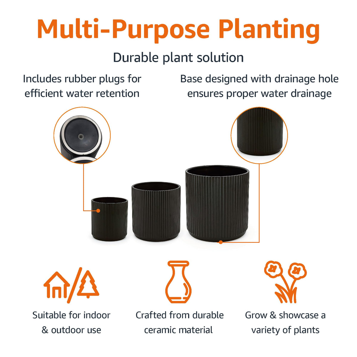 Amazon Basics fluted ceramic planter 8-inch with drainage hole for flowers.
